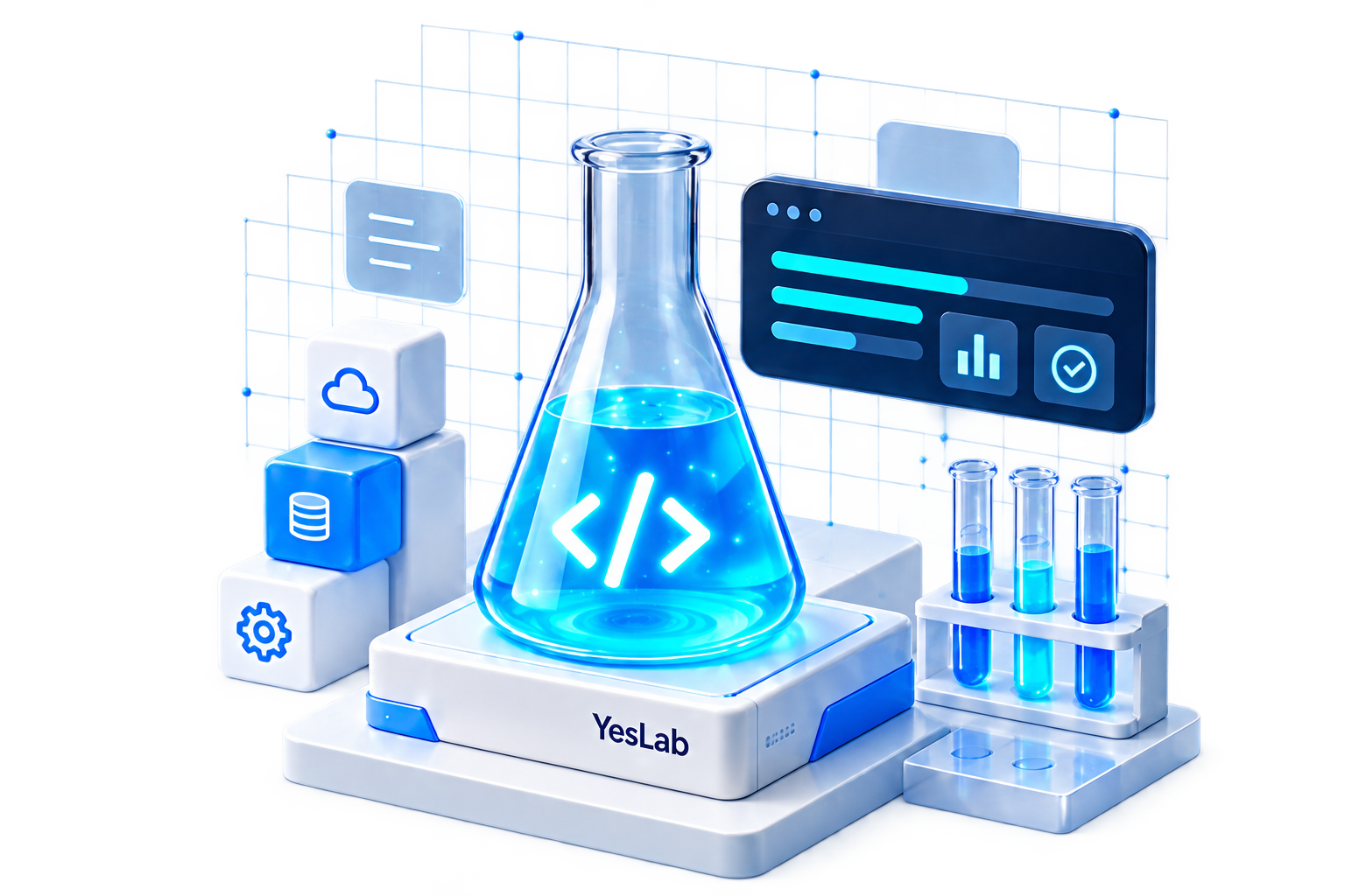 Laboratorium teknologi YesLab dengan labu kode, dashboard, dan tabung reaksi
